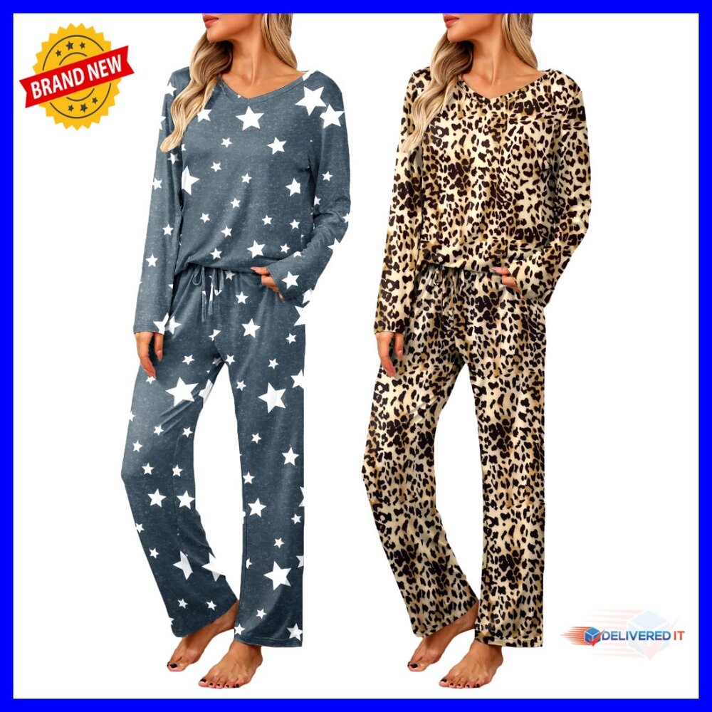 2 Pack Pajama Set With Pockets, V-Neck Top & Pants, Soft Loungewear
